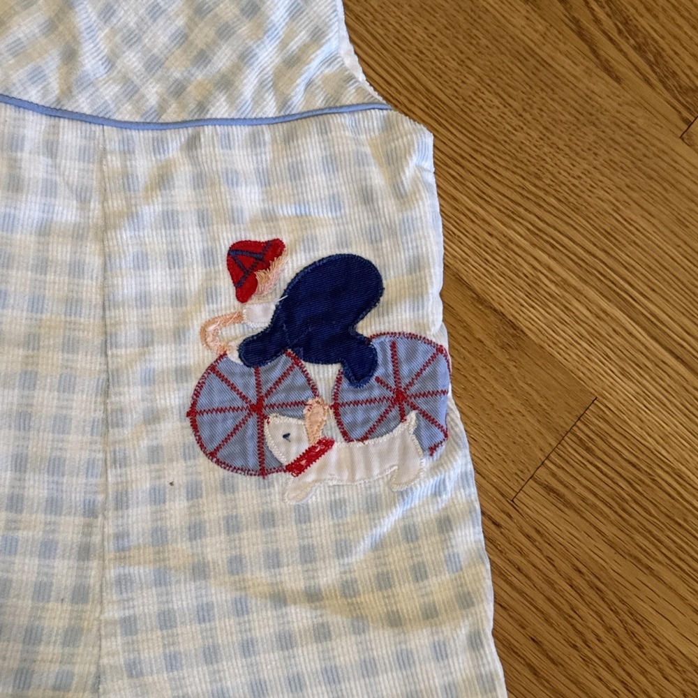 Vintage Boys Overall 18 Months Blue Plaid Corduroy Boy Bike Embroidered Longall - Picture 2 of 9